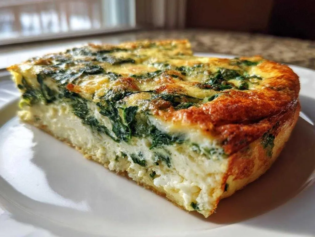 A thick, golden-brown slice of Ricotta and spinach frittata showing creamy white ricotta base and dark green spinach.