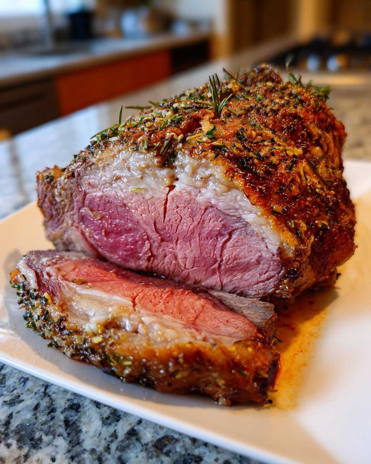 Close-up of a perfectly cooked roast leg of lamb, sliced to show a medium-rare pink center and herb crust.