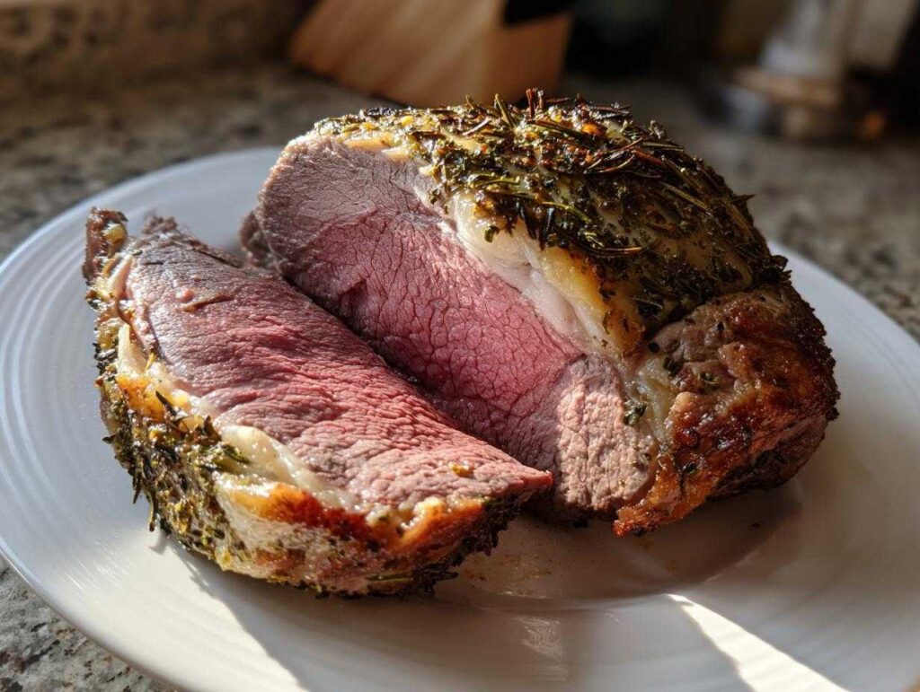Close-up of a perfectly cooked roast leg of lamb, sliced to show medium-rare pink interior and herb crust.