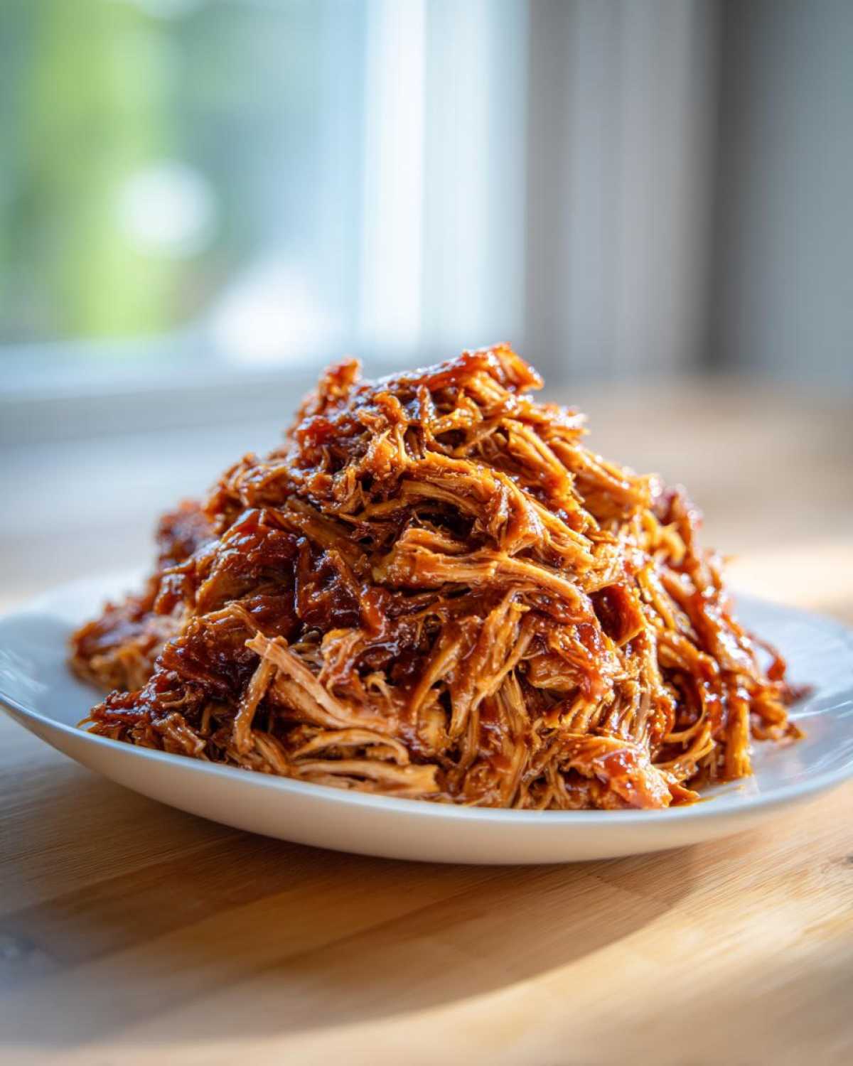 A close-up of a generous pile of saucy Slow Cooker Pulled Pork piled high on a white plate.