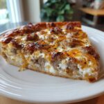 Close-up of a thick slice of sausage ricotta honey pizza showing layers of crust, creamy ricotta, sausage, and caramelized onions.