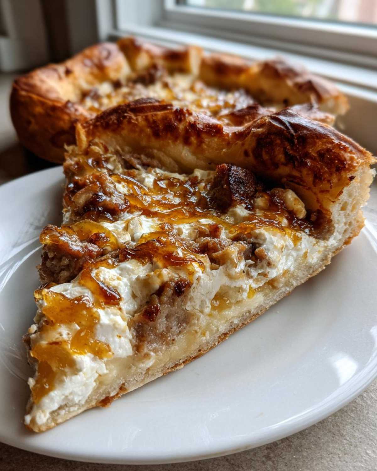 Close-up of a thick slice of sausage ricotta honey pizza showing creamy ricotta, browned sausage, and a shiny honey drizzle.