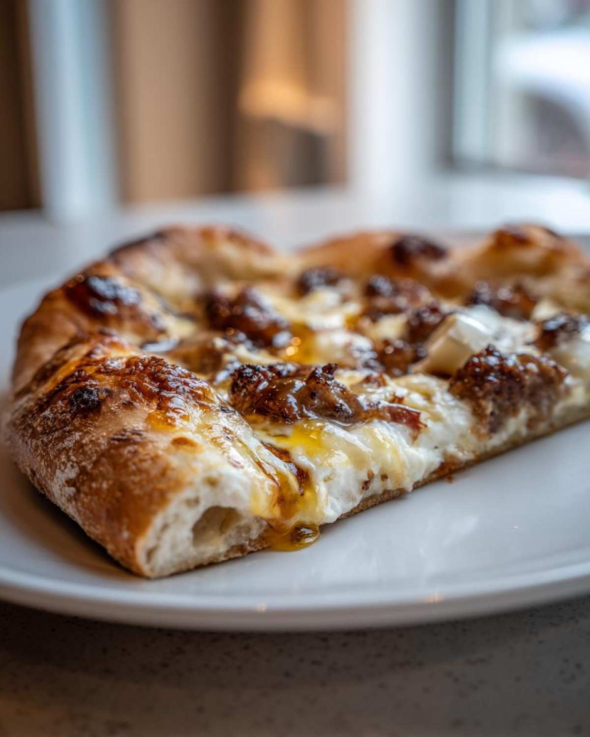 Close-up of a slice of sausage ricotta honey pizza showing bubbly ricotta, browned sausage, and drizzled honey on a charred crust.