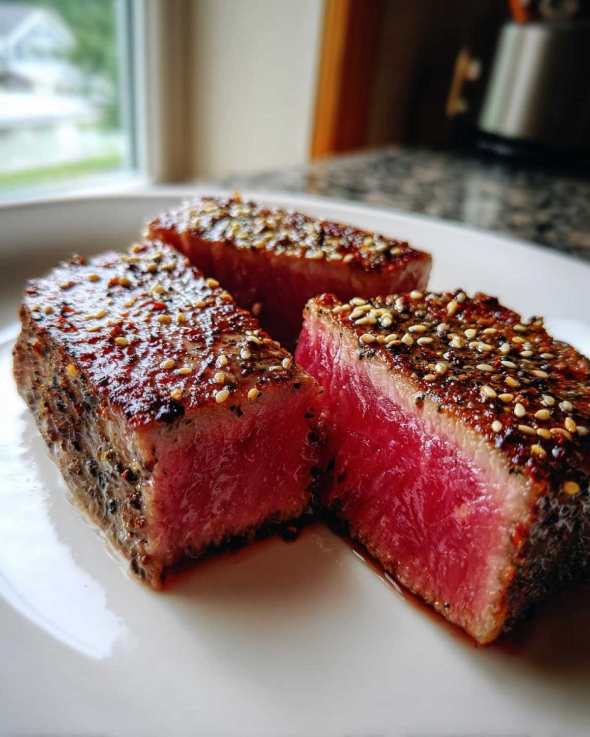 Three pieces of seared tuna steak, crusted with sesame seeds, showing a bright pink, rare center.