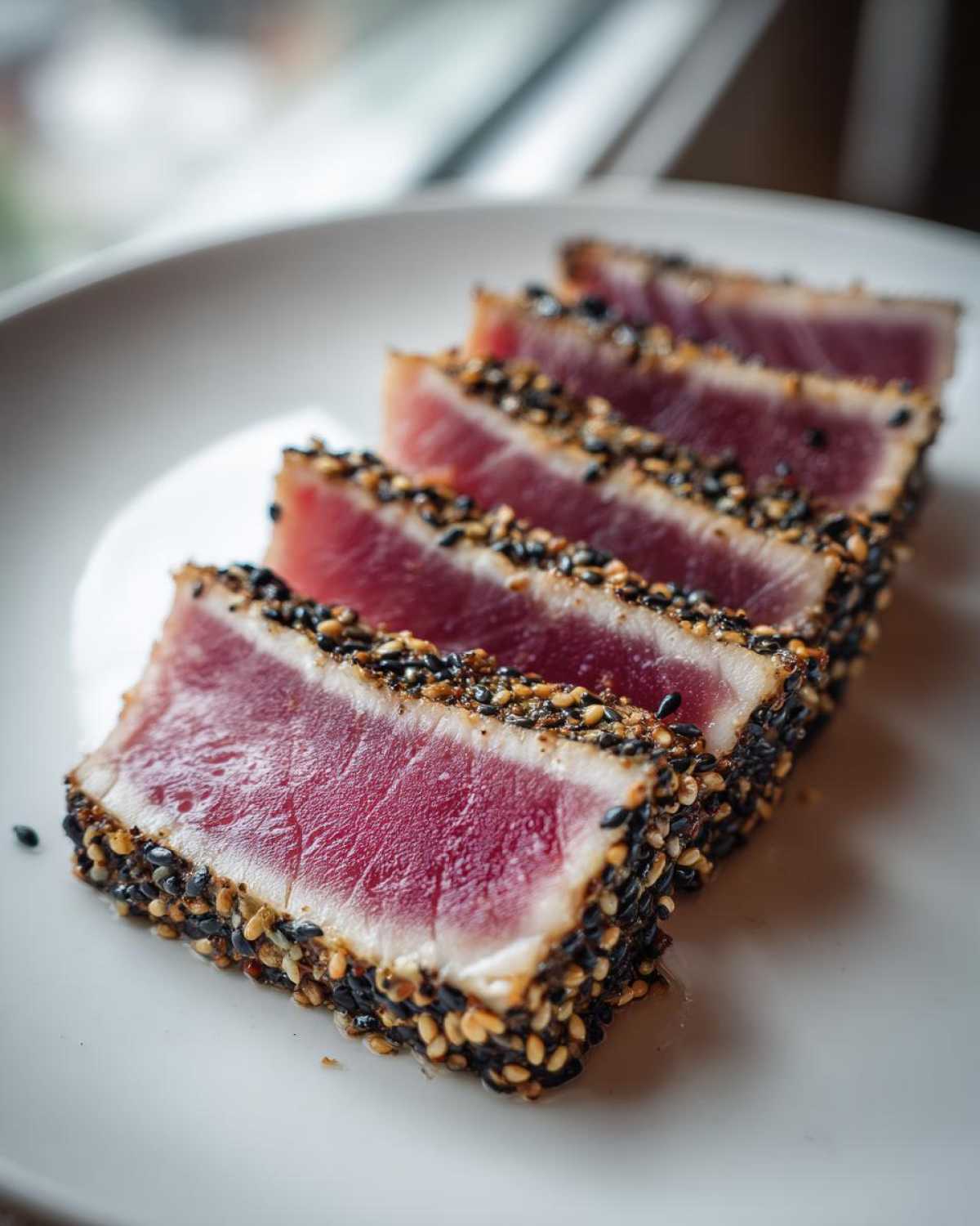 Four slices of perfectly seared tuna steak, crusted in black and white sesame seeds, showing a rare, deep red center.