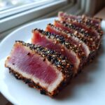 Five slices of perfectly seared tuna steak, crusted with black and white sesame seeds, showing a rare, bright red center.