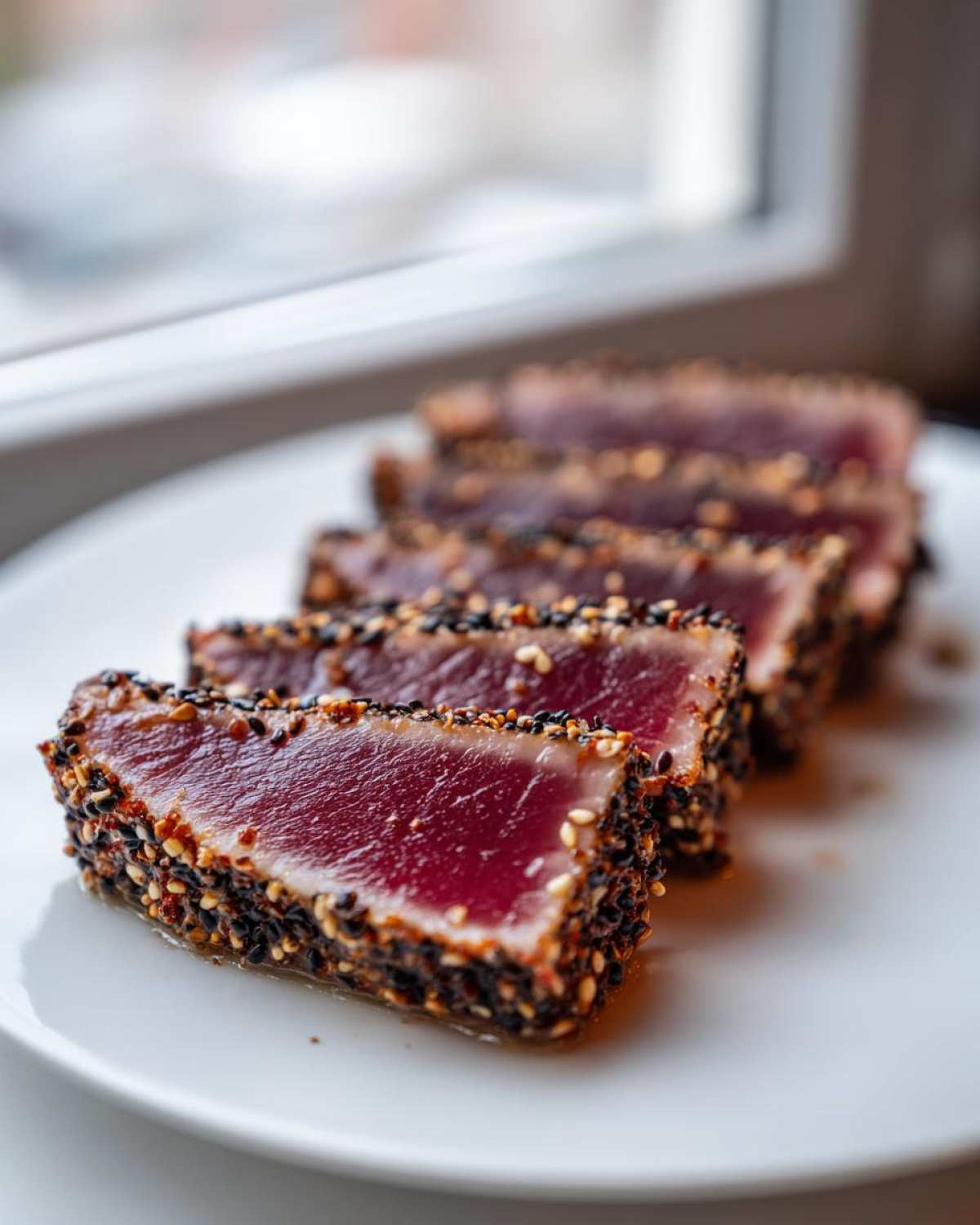 Close-up of perfectly seared tuna steak slices, crusted with black and white sesame seeds, showing a rare, deep red center.