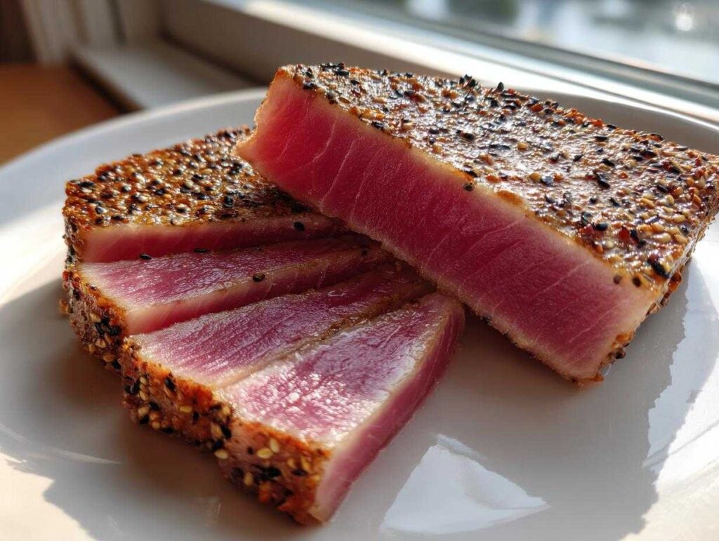 Close-up of perfectly seared tuna steak, sliced to show rare pink center and sesame seed crust.