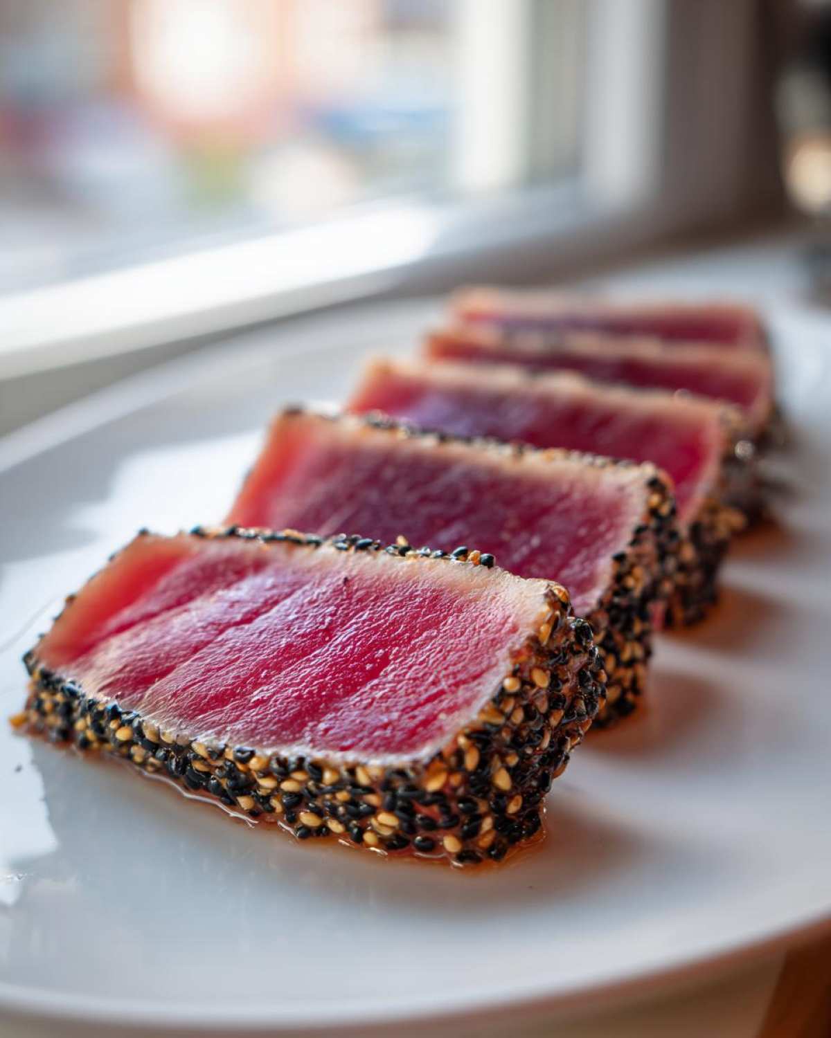 Close-up of perfectly seared tuna steak slices, crusted with black and white sesame seeds, showing a rare, bright red center.
