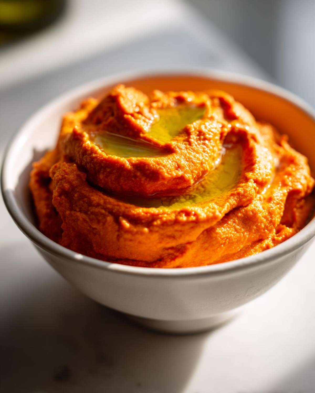 Close-up of vibrant orange roasted red pepper hummus topped with olive oil in a white bowl.