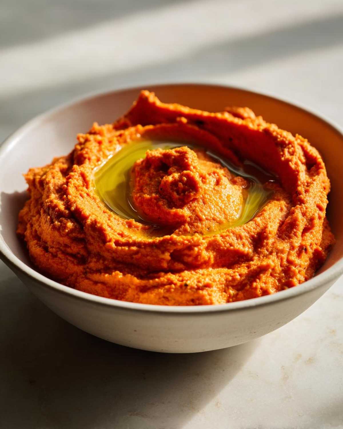 Close-up of a bowl filled with vibrant, silky roasted red pepper hummus, drizzled with olive oil.