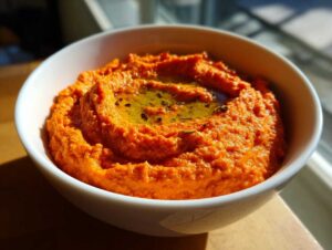 A close-up of vibrant orange roasted red pepper hummus in a white bowl, drizzled with olive oil and spices.