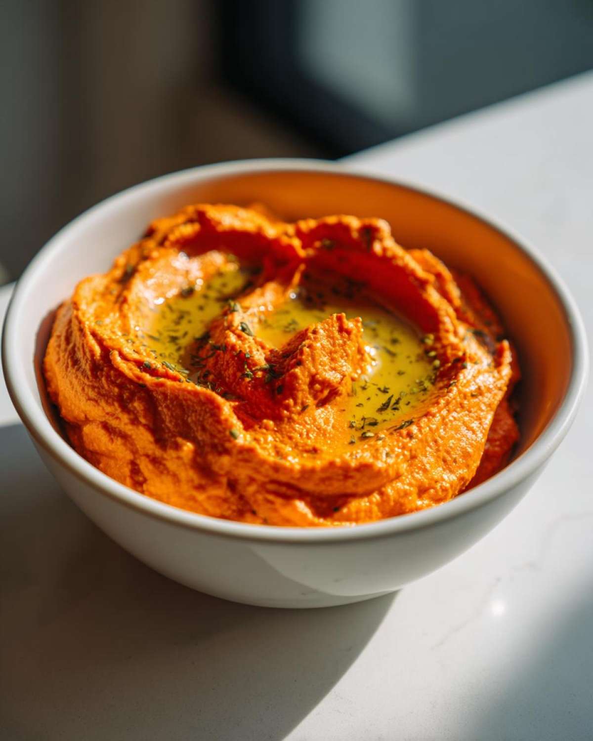 A close-up of vibrant, silky roasted red pepper hummus topped with a pool of olive oil and herbs in a white bowl.