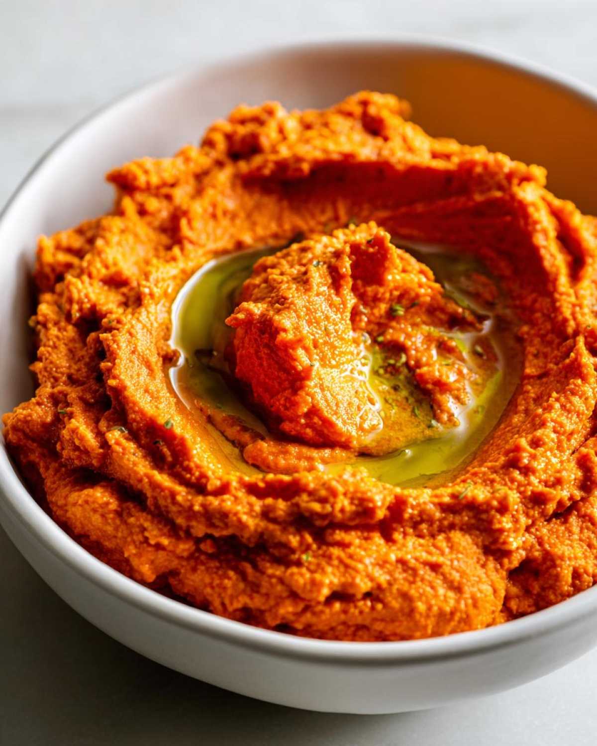 Close-up of vibrant, silky roasted red pepper hummus swirled in a white bowl, topped with a pool of olive oil.