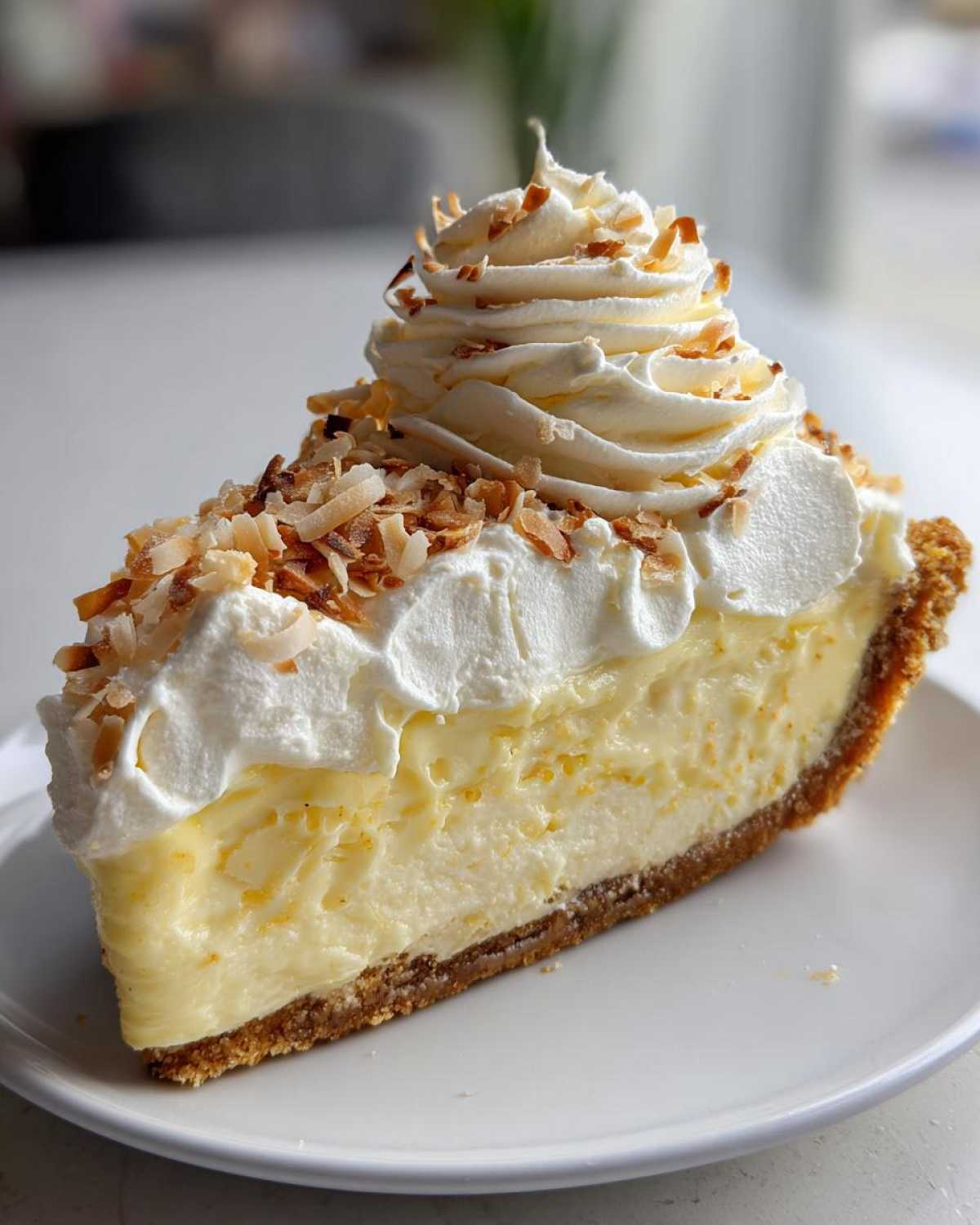 A perfect slice of creamy Coconut cream pie topped with whipped cream and toasted coconut flakes.