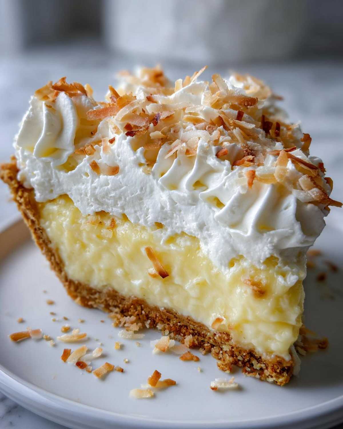 A close-up slice of rich Coconut cream pie featuring a graham cracker crust, creamy filling, whipped cream, and toasted coconut flakes.