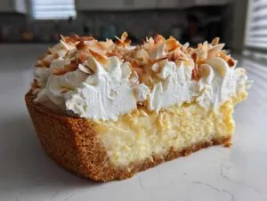 Cross-section of a rich Coconut cream pie slice showing the crust, creamy filling, whipped topping, and toasted coconut flakes.