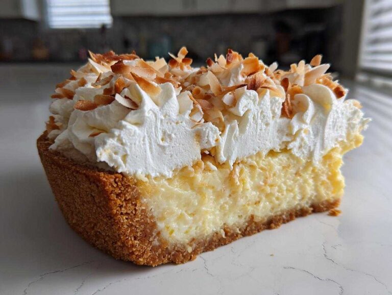 Cross-section of a rich Coconut cream pie slice showing the crust, creamy filling, whipped topping, and toasted coconut flakes.
