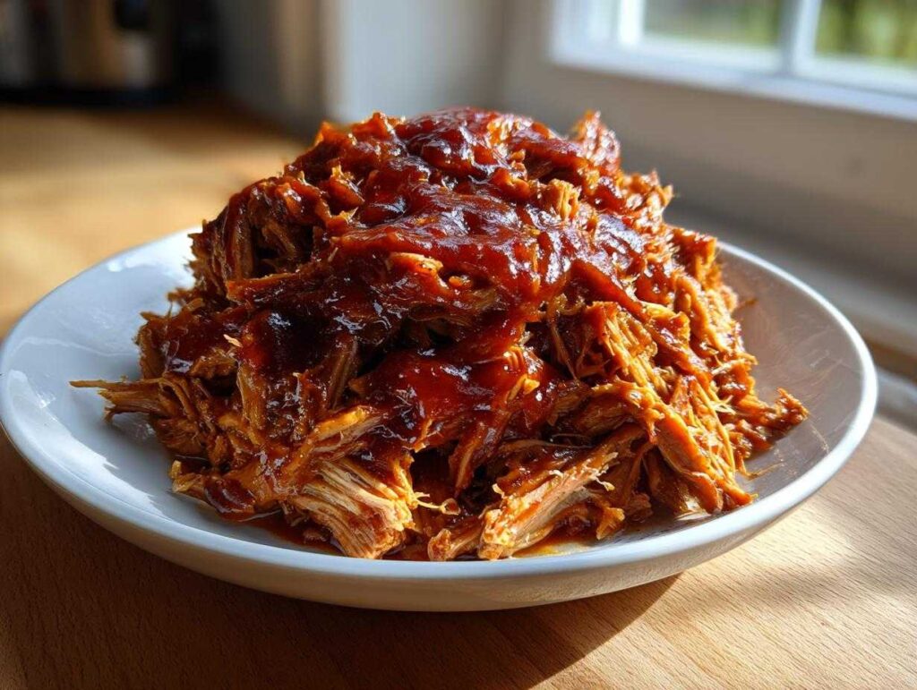 A generous serving of shredded Slow Cooker Pulled Pork smothered in rich BBQ sauce on a white plate.