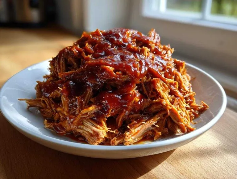 A generous serving of shredded Slow Cooker Pulled Pork smothered in rich BBQ sauce on a white plate.