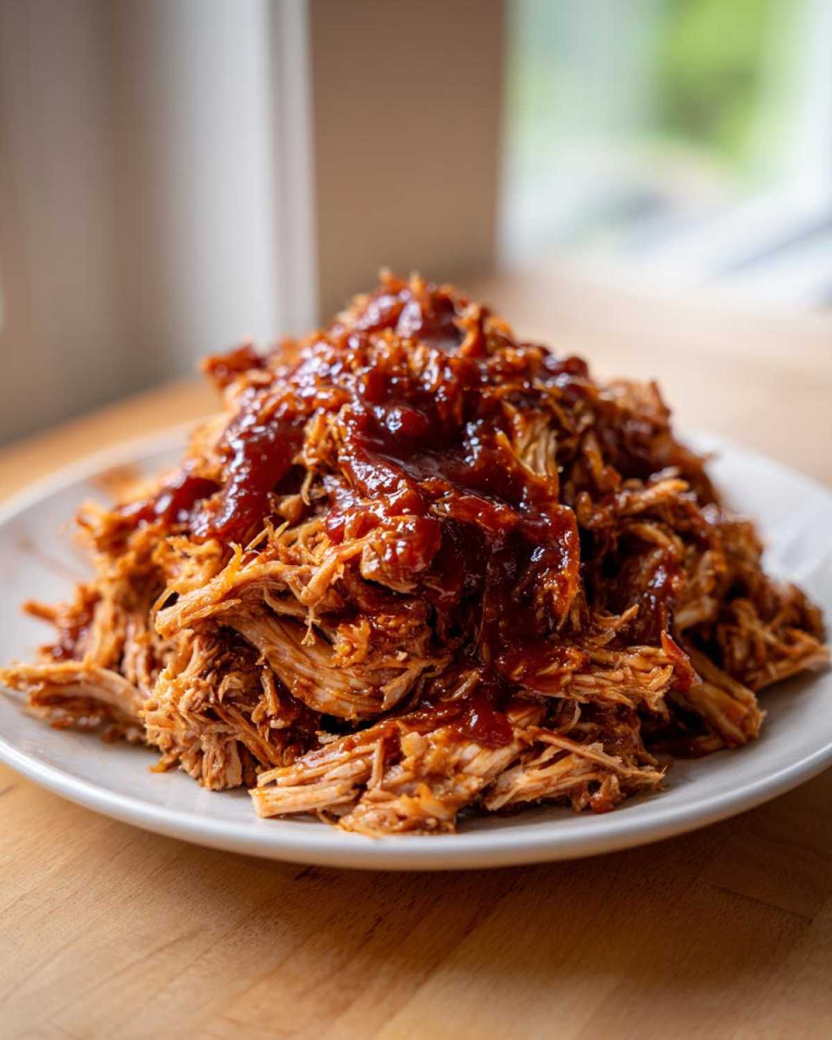 A mound of tender, shredded Slow Cooker Pulled Pork generously topped with rich barbecue sauce on a white plate.