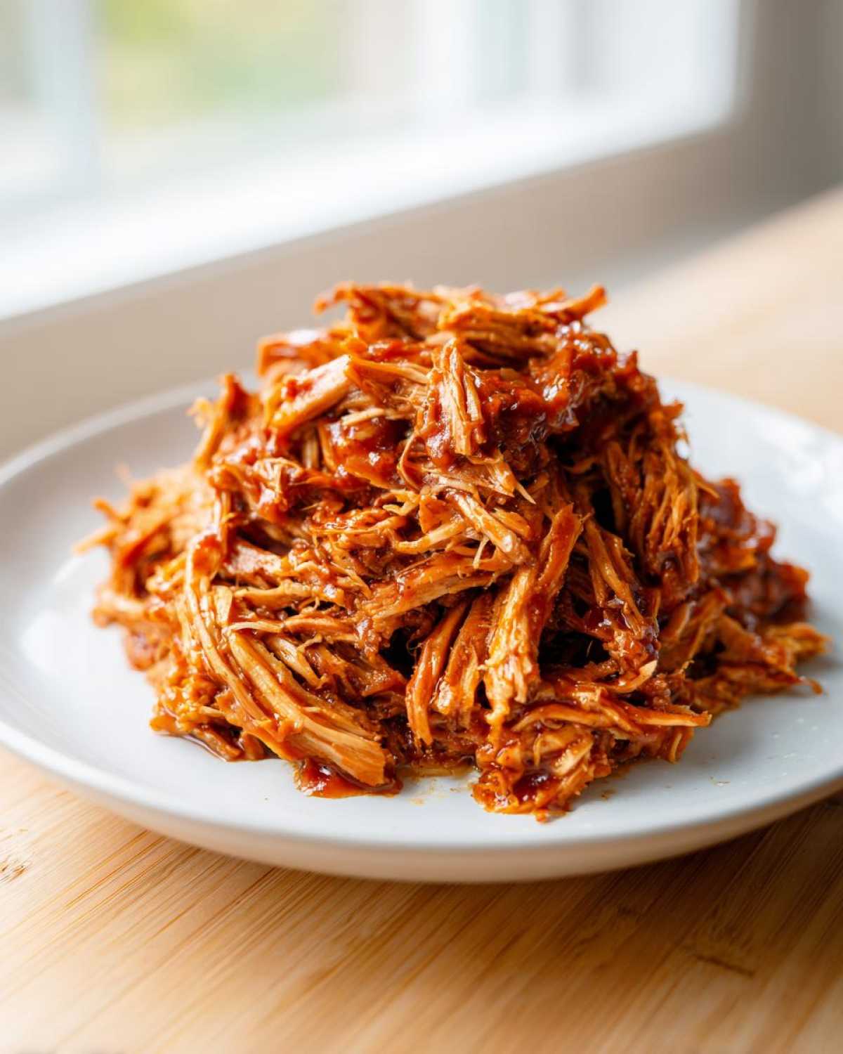 A mound of saucy, shredded Slow Cooker Pulled Pork piled high on a white plate.