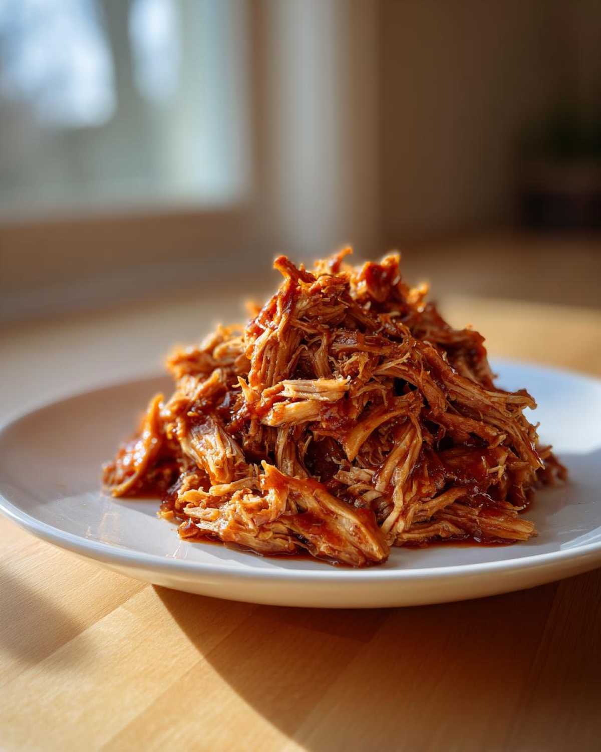 A mound of saucy, shredded Slow Cooker Pulled Pork piled high on a white plate, catching the sunlight.