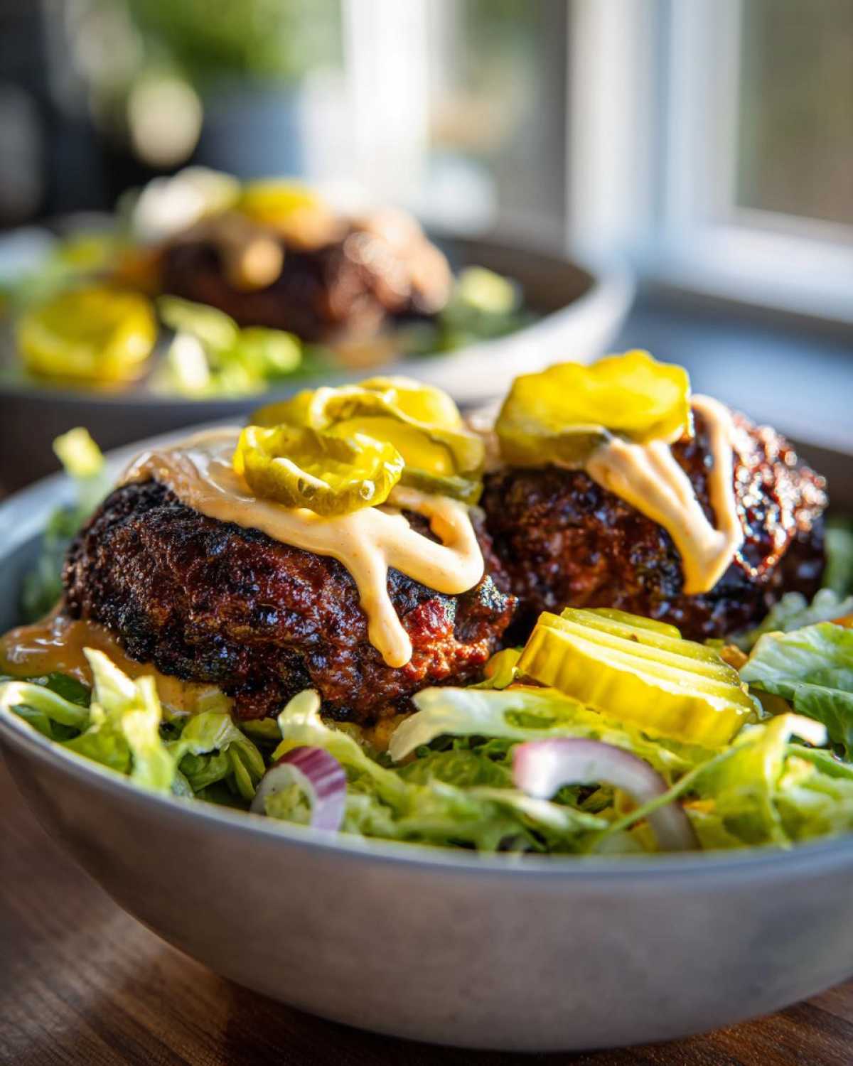 Close-up of a delicious smash burger bowl featuring two seared patties, secret sauce drizzle, pickles, and crisp lettuce.