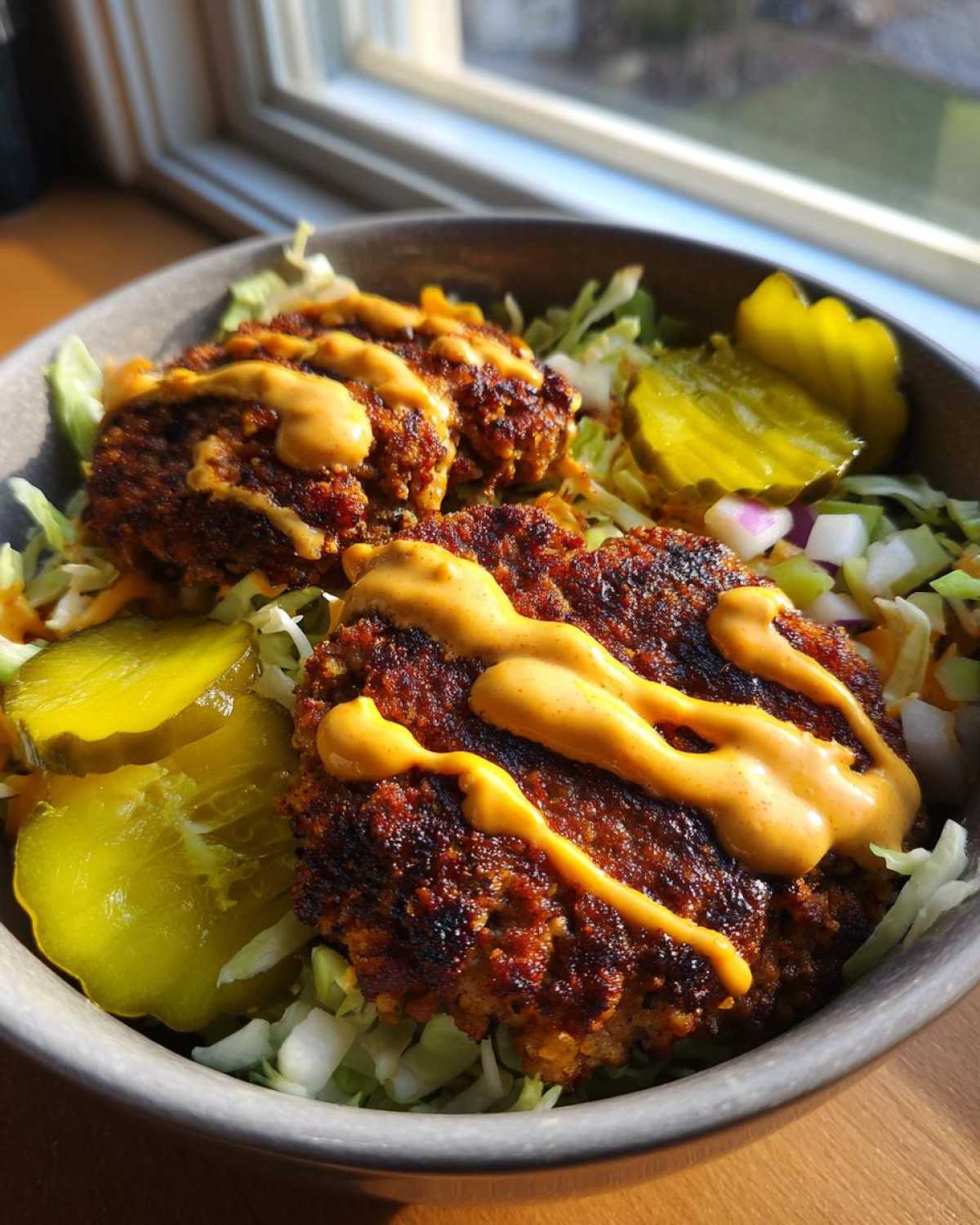 A close-up of a delicious smash burger bowl featuring crispy patties drizzled with sauce over shredded lettuce and topped with pickle chips.