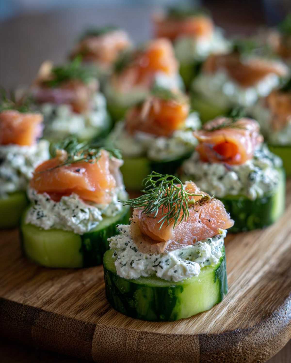 Close-up of several Smoked salmon cucumber bites topped with cream cheese mixture and fresh dill.