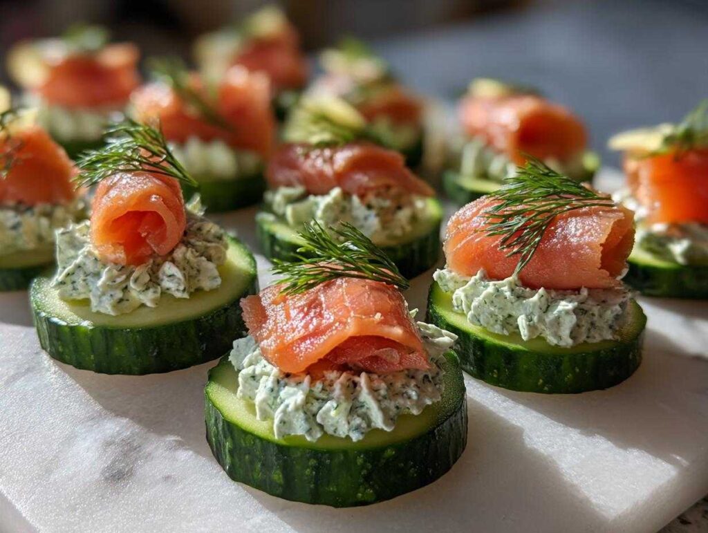 Close-up of several Smoked salmon cucumber bites topped with dill, arranged on a white marble surface.