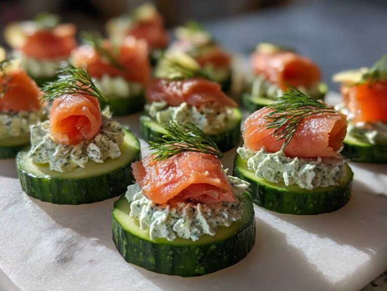 Close-up of several Smoked salmon cucumber bites topped with dill, arranged on a white marble surface.