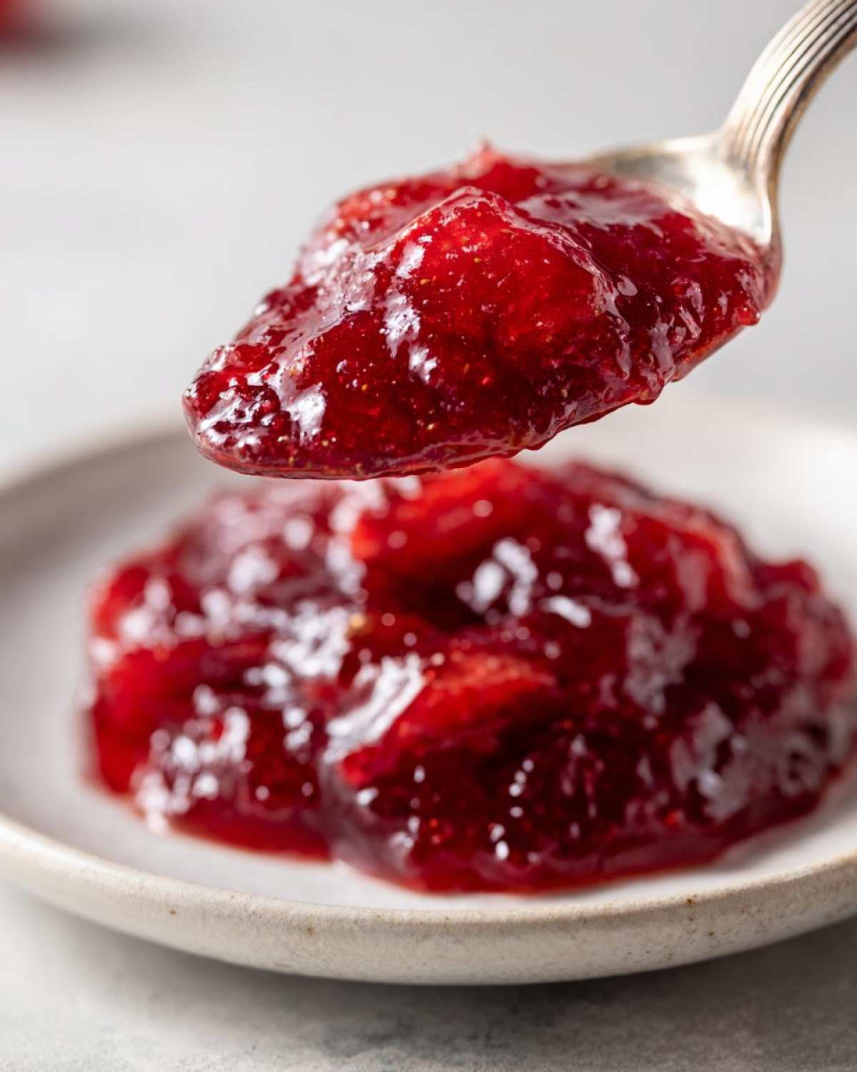 Close-up of a spoonful of thick, glistening homemade strawberry jam being lifted above a small serving on a plate.