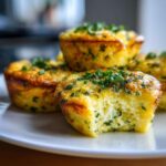 Close-up of golden Spring herb egg muffins stacked on a white plate, one has a bite taken out showing the fluffy interior.