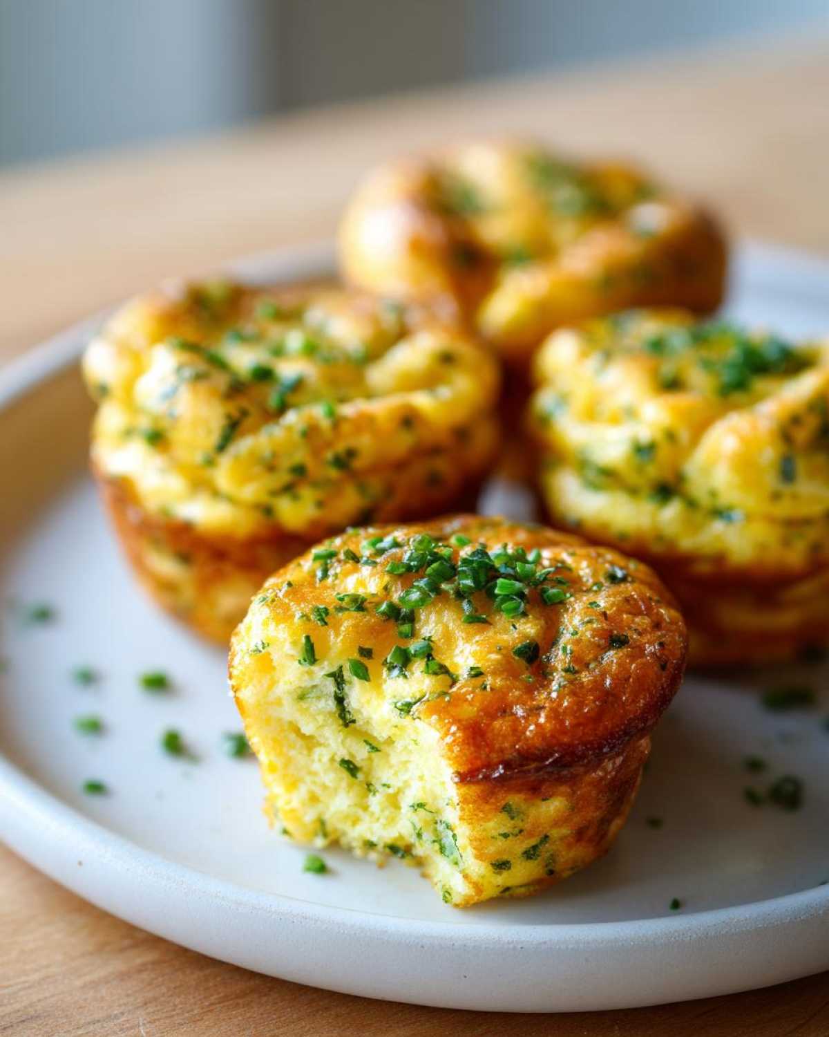Close-up of a Spring herb egg muffin with a bite taken out, topped with fresh chives on a white plate.