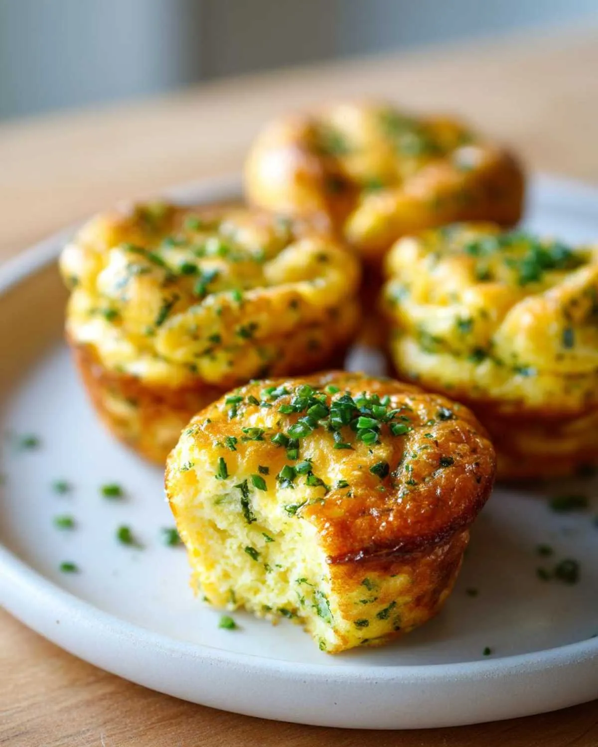 Close-up of a Spring herb egg muffin with a bite taken out, topped with fresh chives on a white plate.