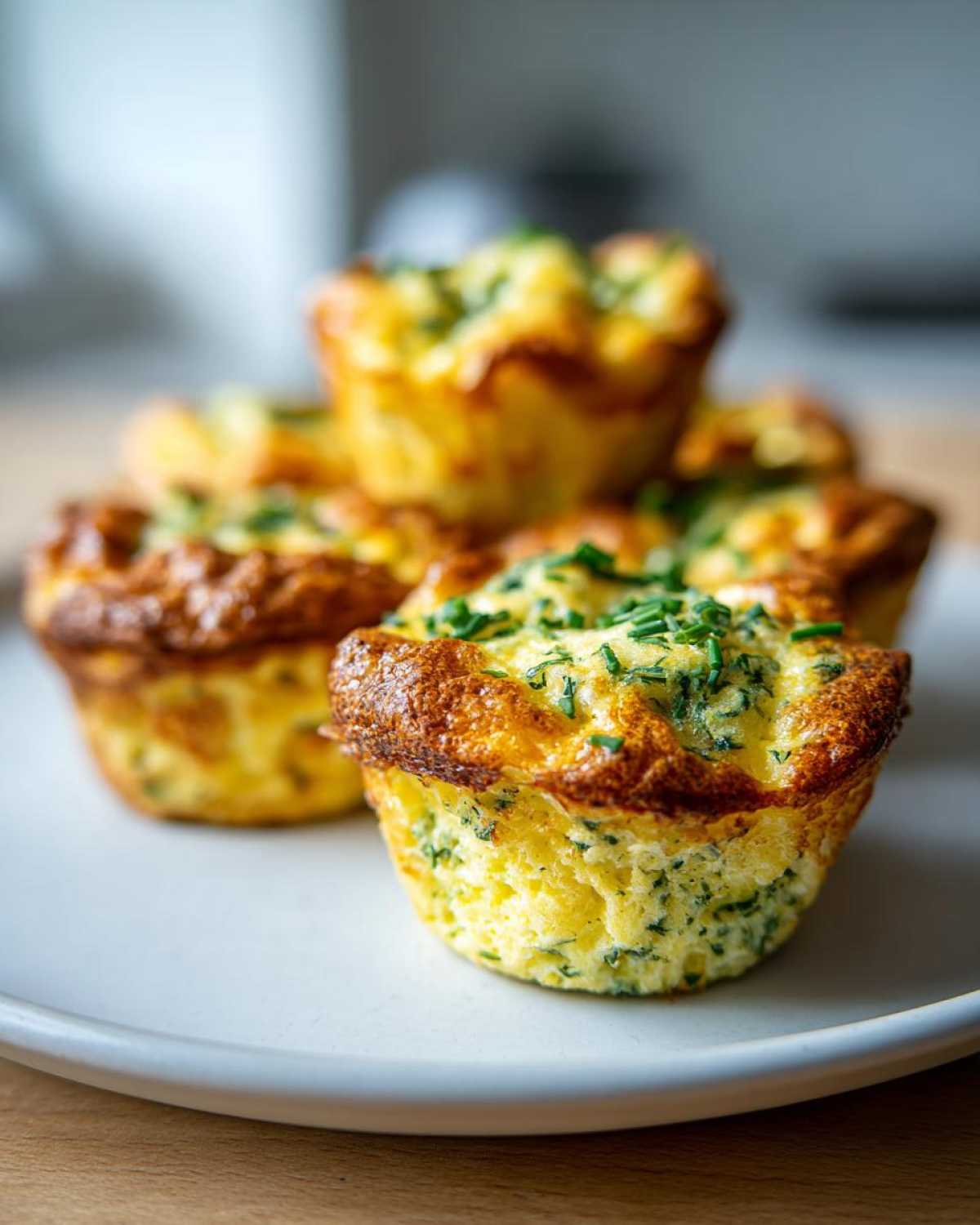 A close-up of several golden brown Spring herb egg muffins topped with fresh chives on a white plate.