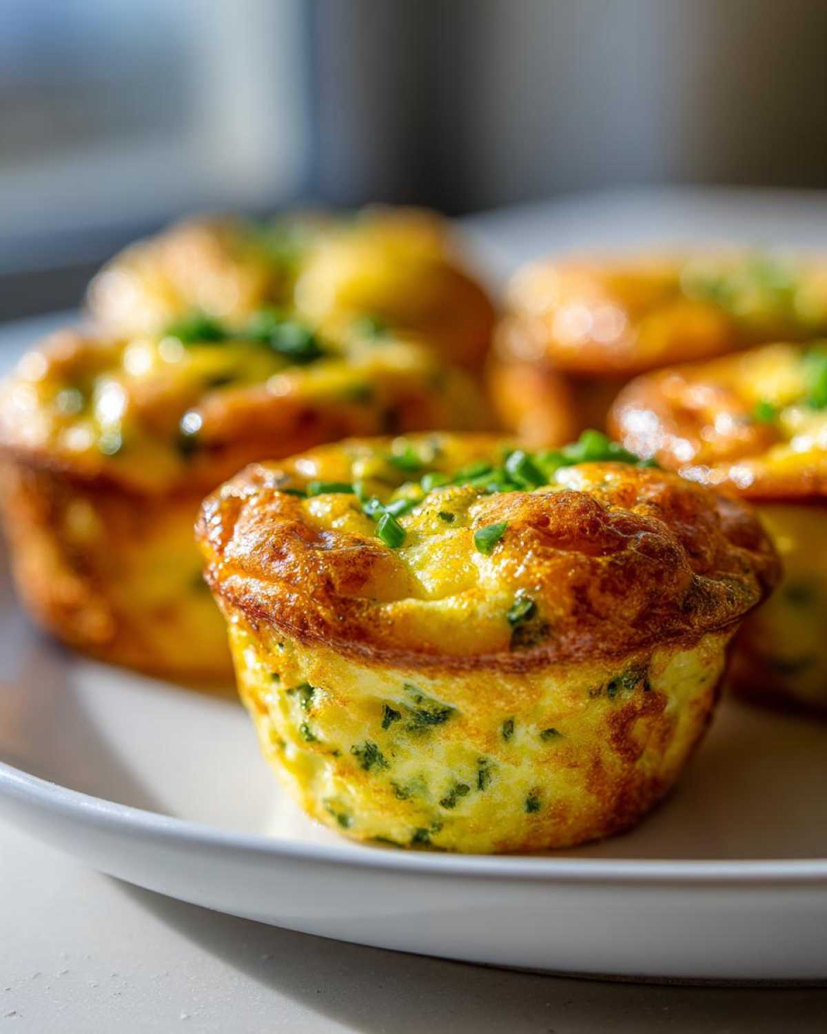 Close-up of golden brown Spring herb egg muffins topped with fresh chives on a white plate.