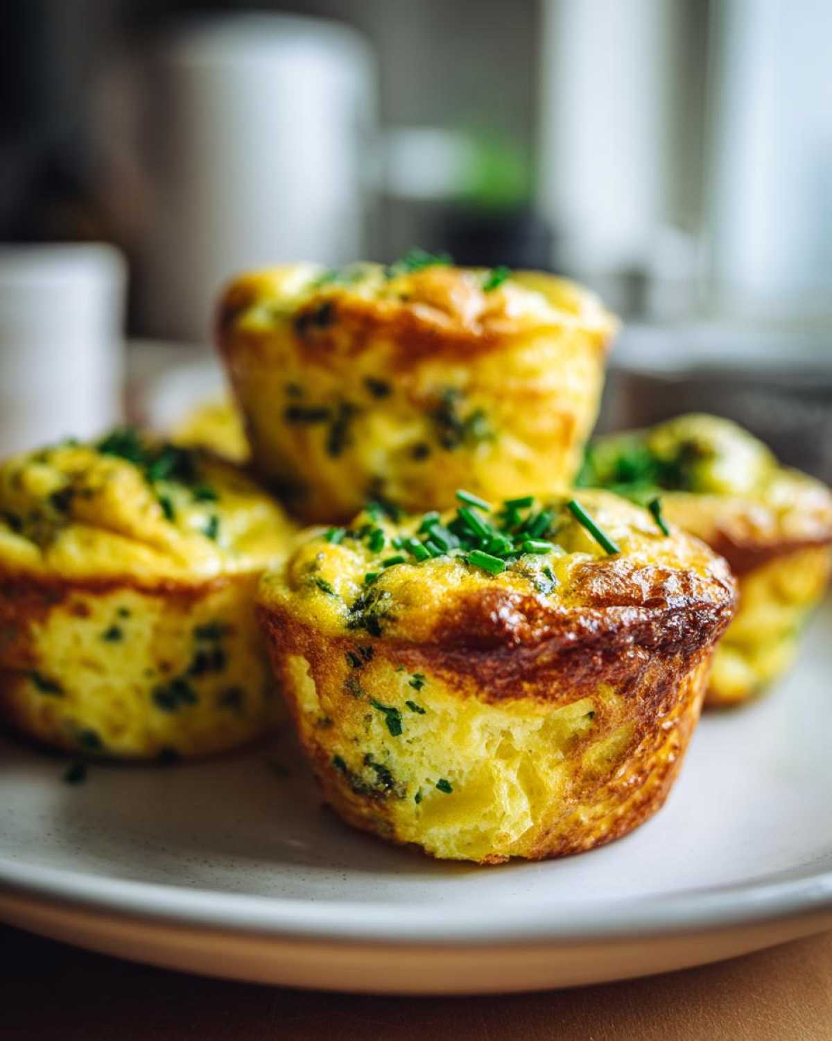 Close-up of golden brown Spring herb egg muffins topped with fresh chives on a light plate.