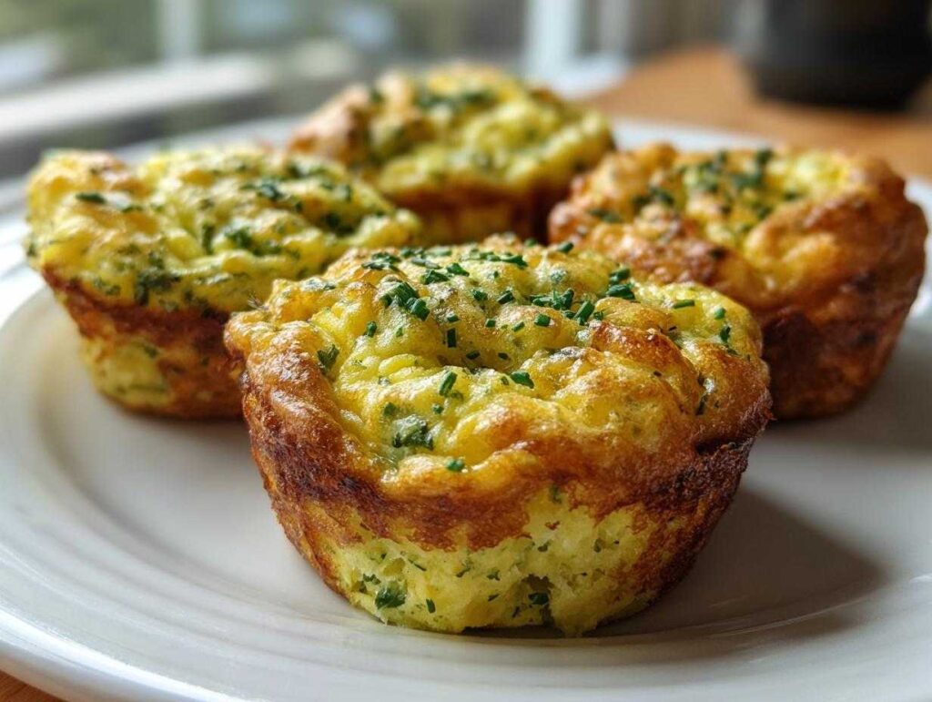 Four golden brown Spring herb egg muffins topped with fresh chives, resting on a white plate.