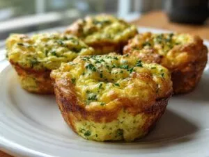 Four golden brown Spring herb egg muffins topped with fresh chives, resting on a white plate.