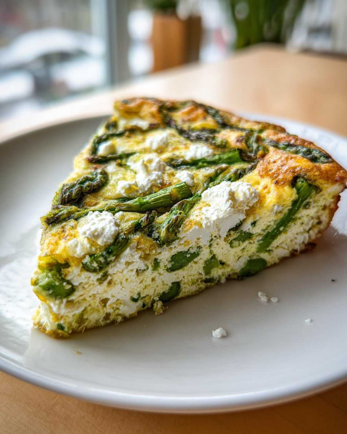 A thick slice of Spring vegetable frittata featuring bright green asparagus and dollops of white cheese on a white plate.