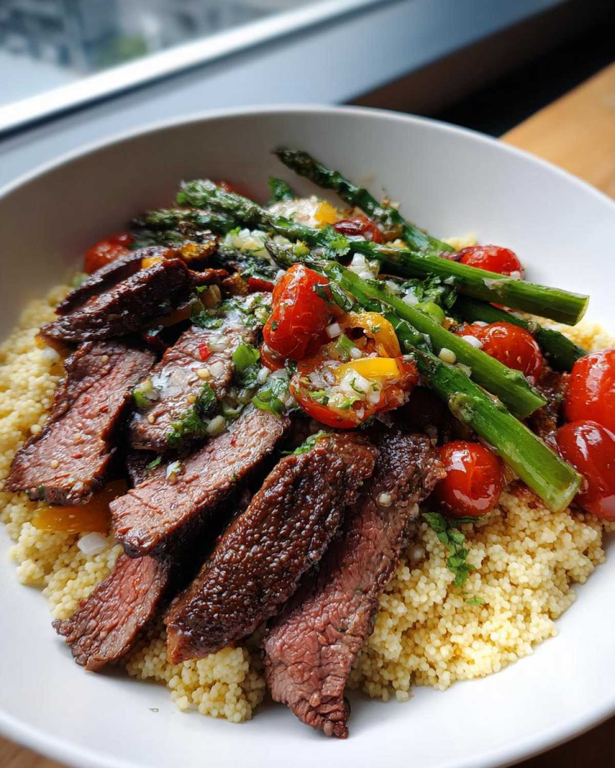 Close-up of a Steak couscous bowl featuring sliced steak, roasted asparagus, and cherry tomatoes over fluffy couscous.