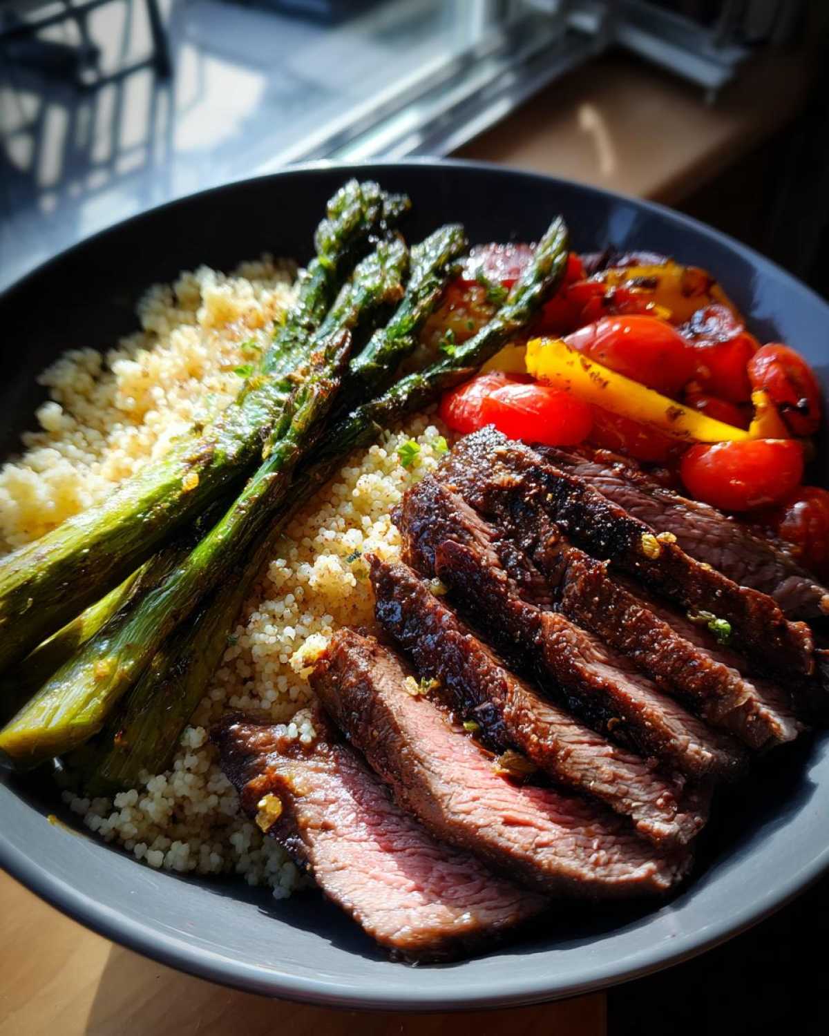 A close-up of a Steak couscous bowl featuring sliced medium-rare steak, fluffy couscous, grilled asparagus, and roasted tomatoes.