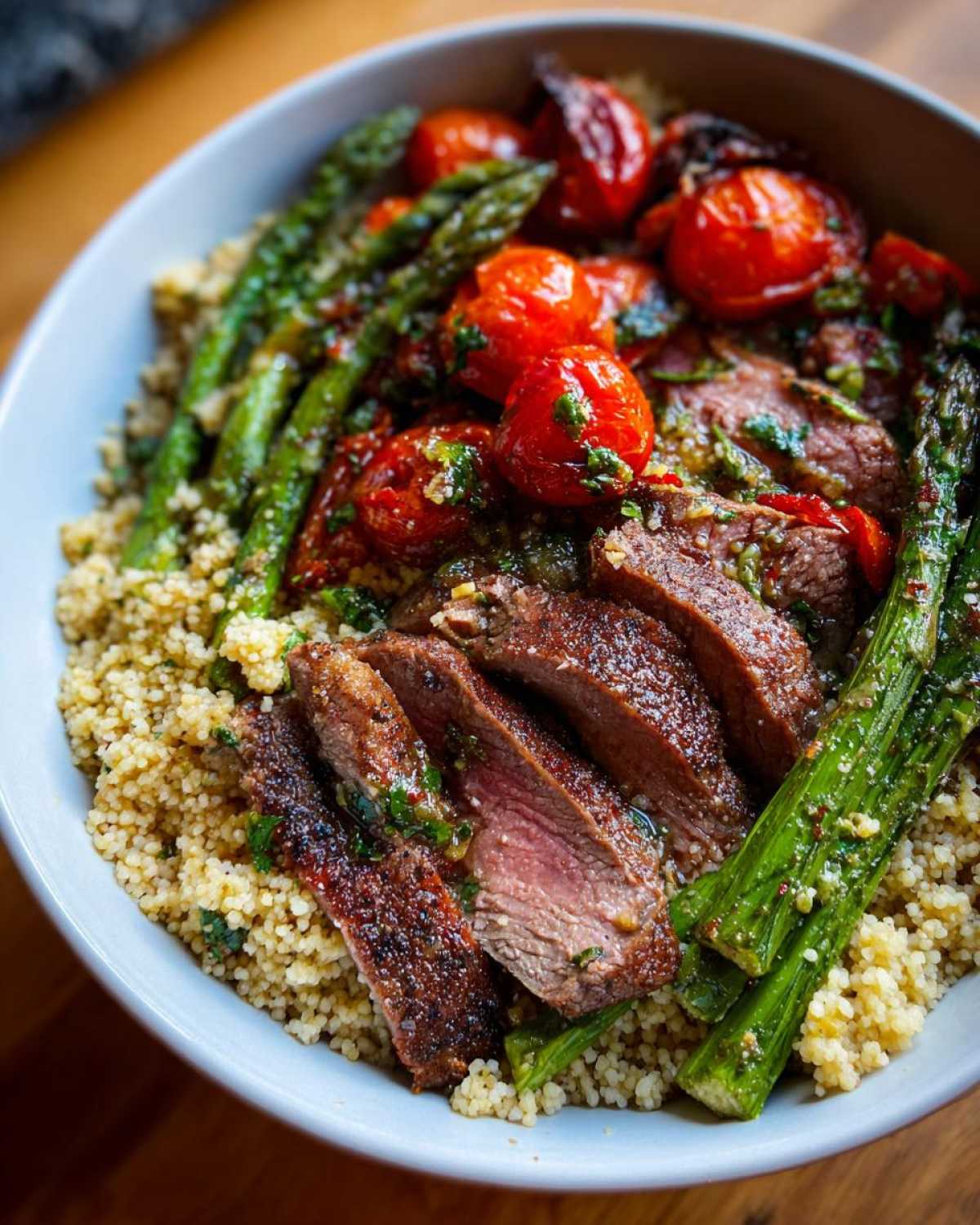 Close-up of a Steak couscous bowl featuring sliced medium-rare steak, roasted cherry tomatoes, and bright green asparagus over a bed of couscous.