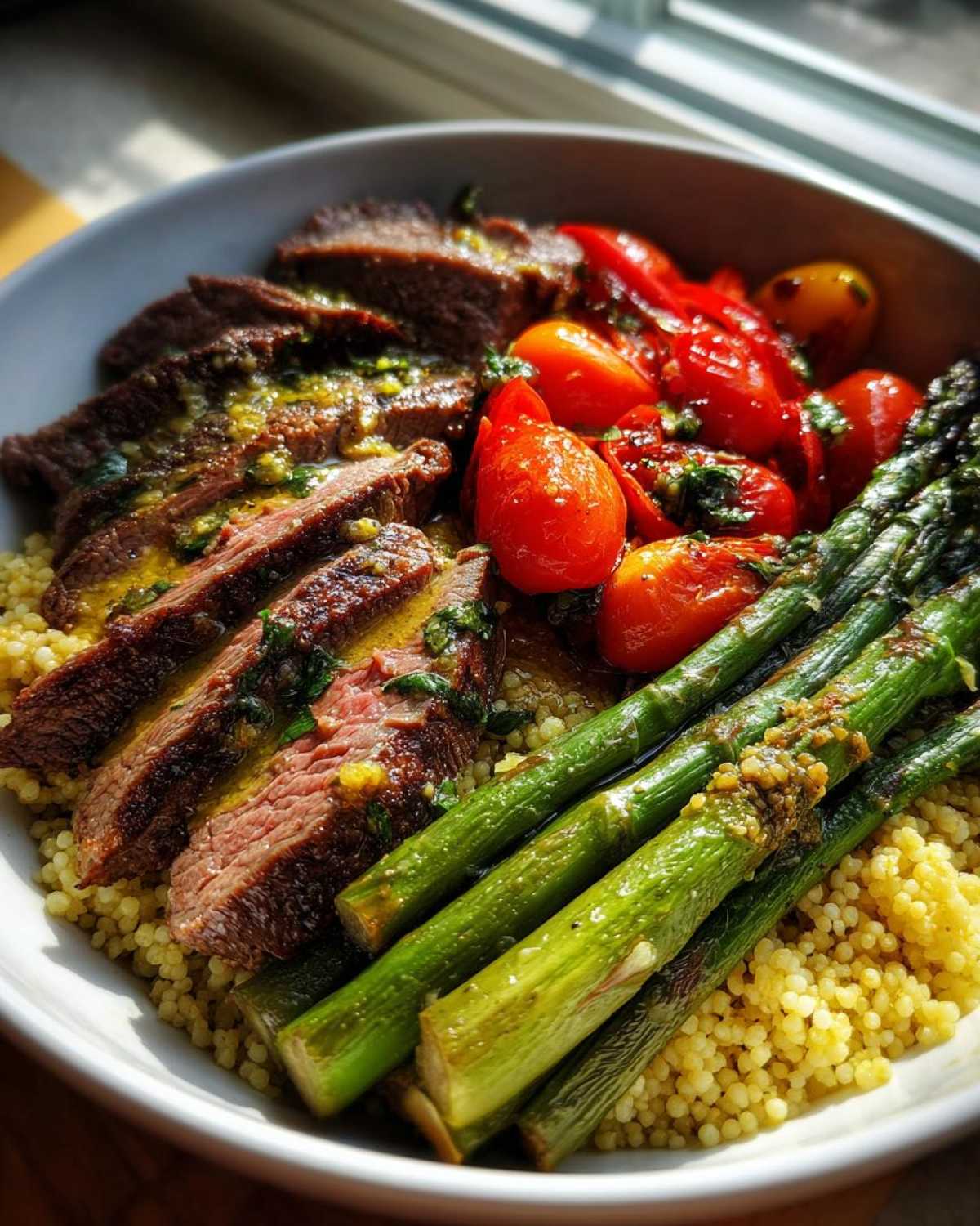 Close-up of a steak couscous bowl featuring sliced steak drizzled with sauce, bright green asparagus, and roasted cherry tomatoes.