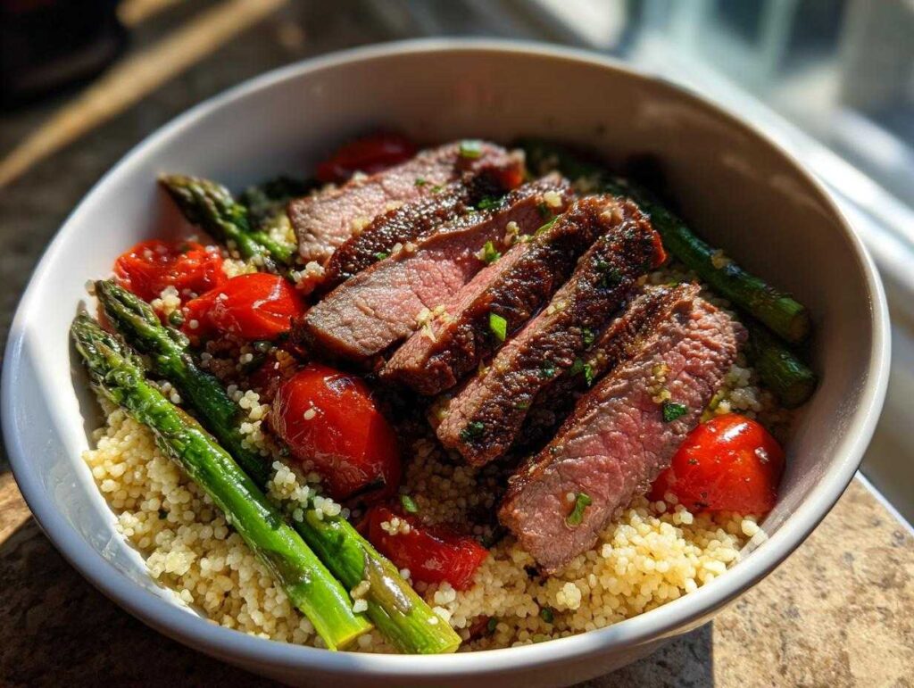 Close-up of a Steak couscous bowl featuring sliced medium-rare steak, roasted cherry tomatoes, and bright green asparagus spears.
