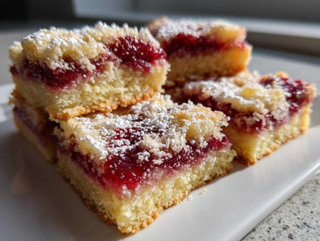 Four stacked squares of Swirled Rhubarb Bars featuring a bright red filling and crumb topping dusted with powdered sugar.