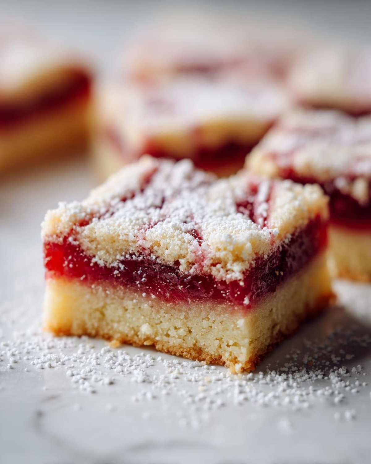 A single square of swirled rhubarb bars, featuring a thick layer of bright red filling, shortbread crust, and topped with powdered sugar.