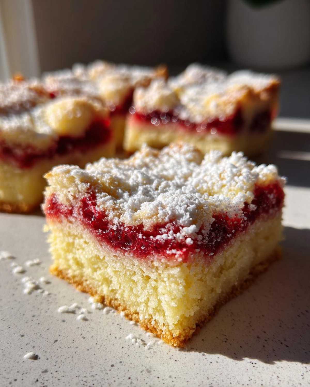 A close-up of a square portion of Swirled Rhubarb Bars, showing the yellow cake base, bright red filling, and crumbly topping dusted with powdered sugar.